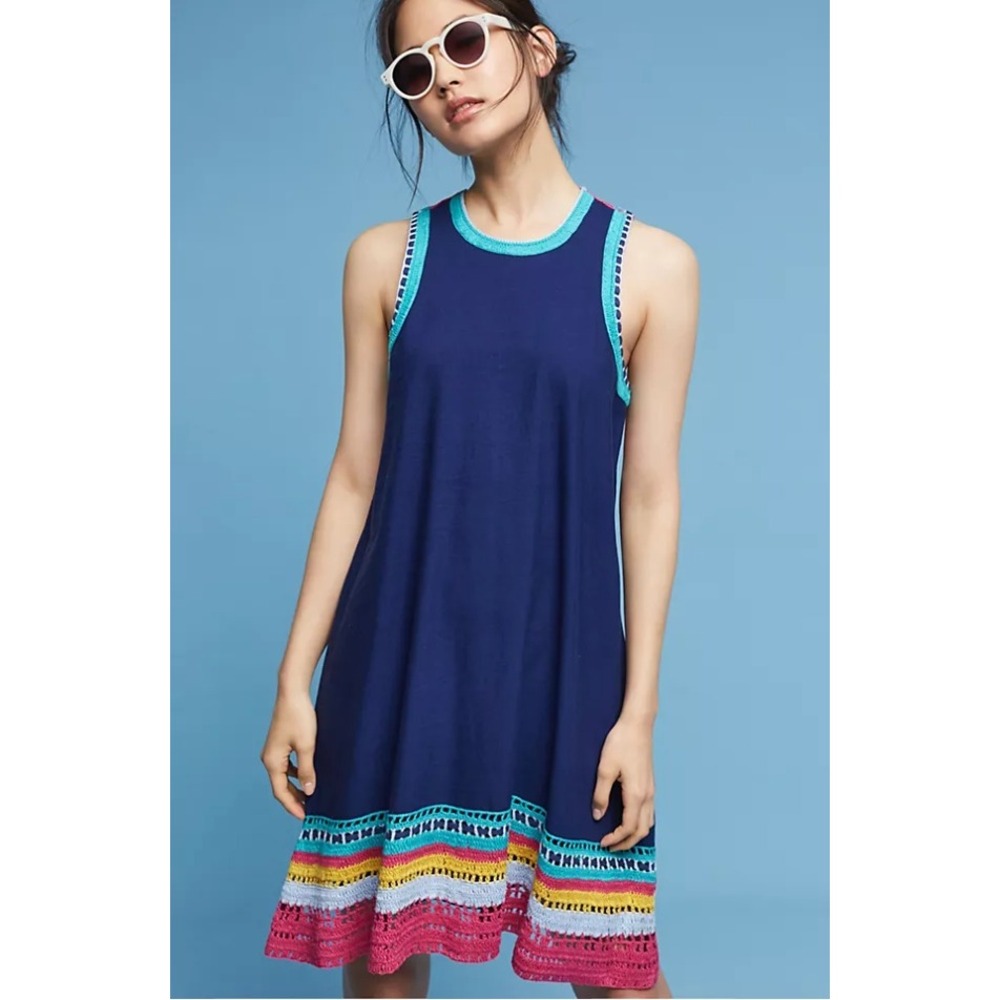 Akemi + Kin Navy Blue Crochet Trim Boho Sleeveless Shift Dress XL Multi-Color